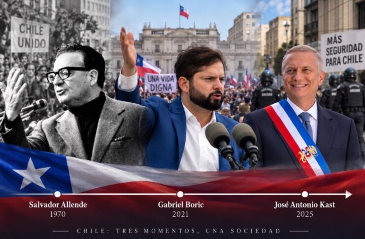 ¿Cómo pasó Chile de Boric a Kast? Composición editorial con Salvador Allende, Gabriel Boric y José Antonio Kast que representa la evolución política de Chile entre 1970 y 2025.