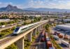 El Bajío fortalece su infraestructura como punto de encuentro de México Representación de infraestructura ferroviaria, carretera y logística en el Bajío, con tren de pasajeros, ferrocarril de carga, autopistas y zonas industriales.