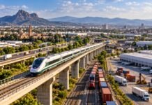 El Bajío fortalece su infraestructura como punto de encuentro de México Representación de infraestructura ferroviaria, carretera y logística en el Bajío, con tren de pasajeros, ferrocarril de carga, autopistas y zonas industriales.