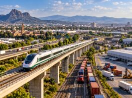 El Bajío fortalece su infraestructura como punto de encuentro de México Representación de infraestructura ferroviaria, carretera y logística en el Bajío, con tren de pasajeros, ferrocarril de carga, autopistas y zonas industriales.