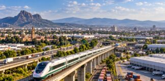 El Bajío fortalece su infraestructura como punto de encuentro de México Representación de infraestructura ferroviaria, carretera y logística en el Bajío, con tren de pasajeros, ferrocarril de carga, autopistas y zonas industriales.