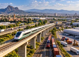 El Bajío fortalece su infraestructura como punto de encuentro de México Representación de infraestructura ferroviaria, carretera y logística en el Bajío, con tren de pasajeros, ferrocarril de carga, autopistas y zonas industriales.