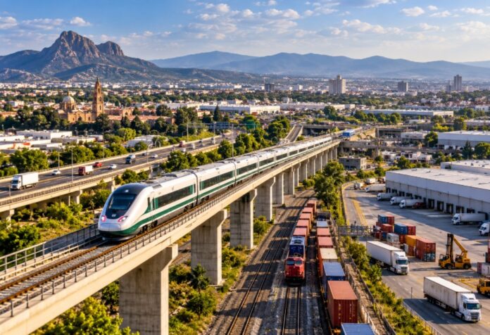 Representación de infraestructura ferroviaria, carretera y logística en el Bajío, con tren de pasajeros, ferrocarril de carga, autopistas y zonas industriales.