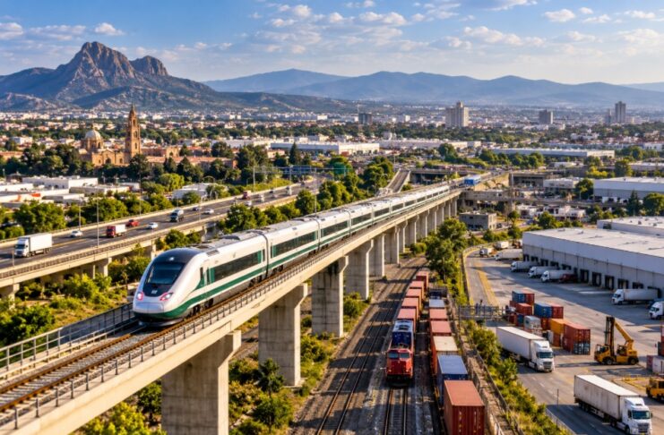 El Bajío fortalece su infraestructura como punto de encuentro de México Representación de infraestructura ferroviaria, carretera y logística en el Bajío, con tren de pasajeros, ferrocarril de carga, autopistas y zonas industriales.