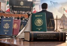 Una sola nacionalidad para gobernar: el Senado avala una reforma sobre soberanía y conflicto de intereses Pasaporte mexicano, Constitución, balanza de la justicia y pasaportes extranjeros frente al Senado de la República, como representación de la reforma sobre nacionalidad única para gobernantes.
