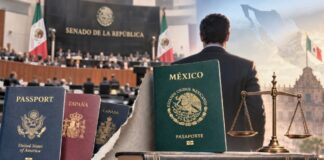 Una sola nacionalidad para gobernar: el Senado avala una reforma sobre soberanía y conflicto de intereses Pasaporte mexicano, Constitución, balanza de la justicia y pasaportes extranjeros frente al Senado de la República, como representación de la reforma sobre nacionalidad única para gobernantes.