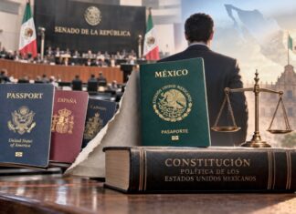 Una sola nacionalidad para gobernar: el Senado avala una reforma sobre soberanía y conflicto de intereses Pasaporte mexicano, Constitución, balanza de la justicia y pasaportes extranjeros frente al Senado de la República, como representación de la reforma sobre nacionalidad única para gobernantes.