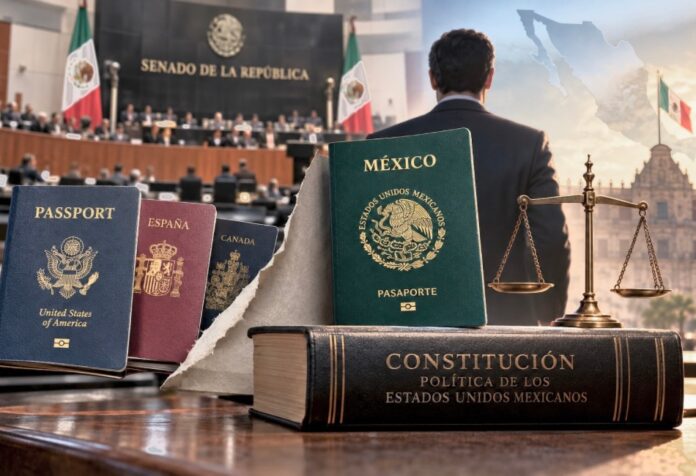Ley anti doble nacionalidad para gobernantes Pasaporte mexicano, Constitución, balanza de la justicia y pasaportes extranjeros frente al Senado de la República, como representación de la reforma sobre nacionalidad única para gobernantes.