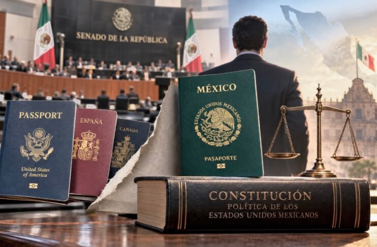 Una sola nacionalidad para gobernar: el Senado avala una reforma sobre soberanía y conflicto de intereses Pasaporte mexicano, Constitución, balanza de la justicia y pasaportes extranjeros frente al Senado de la República, como representación de la reforma sobre nacionalidad única para gobernantes.
