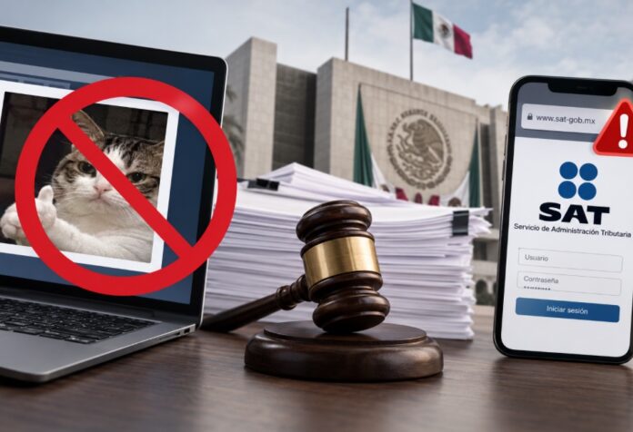 Ley anti memes Ilustración sobre la llamada Ley Antimemes con una computadora, un teléfono que simula un sitio gubernamental, documentos y un mazo judicial.