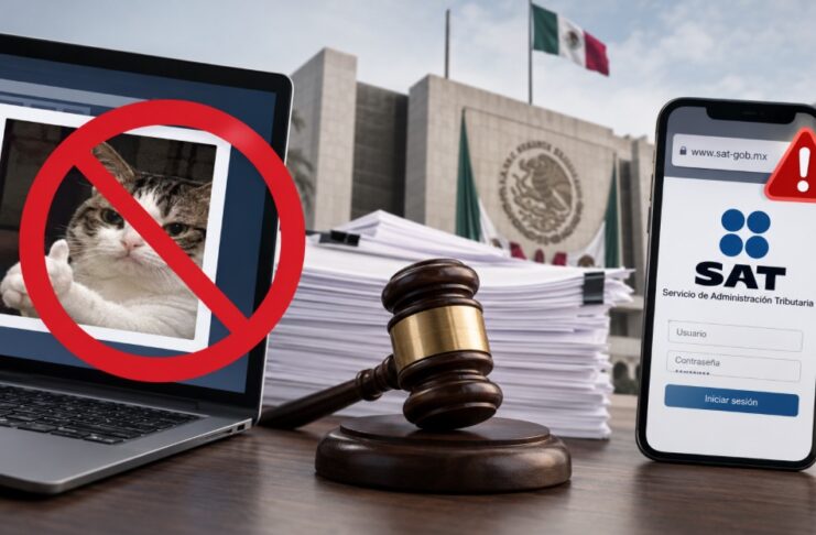 No existe una “Ley Antimemes”: lo que dice realmente la reforma Ilustración sobre la llamada Ley Antimemes con una computadora, un teléfono que simula un sitio gubernamental, documentos y un mazo judicial.