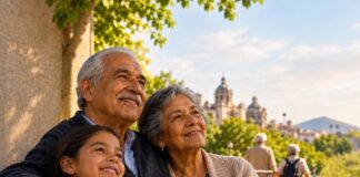 México envejece: el desafío de construir una sociedad preparada para vivir más años Una pareja de adultos mayores sonríe junto a una niña en un parque urbano. La imagen incluye el mensaje «Más años, más vida» y referencias a familias fuertes, comunidades incluyentes y ciudades accesibles.