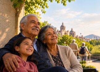 México envejece: el desafío de construir una sociedad preparada para vivir más años Una pareja de adultos mayores sonríe junto a una niña en un parque urbano. La imagen incluye el mensaje «Más años, más vida» y referencias a familias fuertes, comunidades incluyentes y ciudades accesibles.