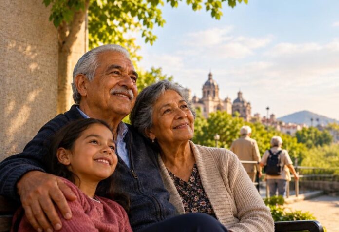 Una pareja de adultos mayores sonríe junto a una niña en un parque urbano. La imagen incluye el mensaje «Más años, más vida» y referencias a familias fuertes, comunidades incluyentes y ciudades accesibles.