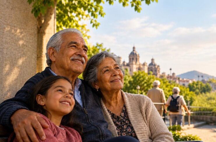 México envejece: el desafío de construir una sociedad preparada para vivir más años Una pareja de adultos mayores sonríe junto a una niña en un parque urbano. La imagen incluye el mensaje «Más años, más vida» y referencias a familias fuertes, comunidades incluyentes y ciudades accesibles.