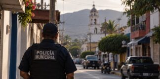 Municipios bajo presión: el crimen organizado supera la capacidad local Policía municipal de espaldas observa una calle de una comunidad mexicana, como representación de la vulnerabilidad de las autoridades locales frente al crimen organizado.