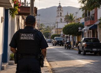 Municipios bajo presión: el crimen organizado supera la capacidad local Policía municipal de espaldas observa una calle de una comunidad mexicana, como representación de la vulnerabilidad de las autoridades locales frente al crimen organizado.