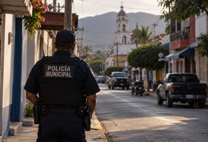 Policía municipal de espaldas observa una calle de una comunidad mexicana, como representación de la vulnerabilidad de las autoridades locales frente al crimen organizado.
