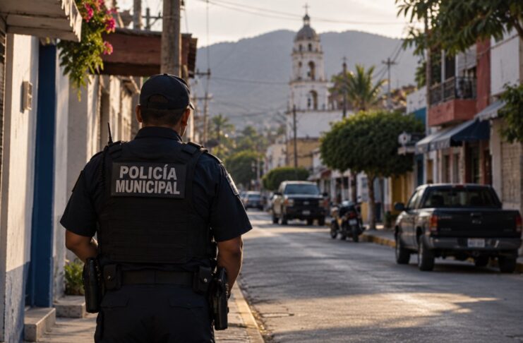 Municipios bajo presión: el crimen organizado supera la capacidad local Policía municipal de espaldas observa una calle de una comunidad mexicana, como representación de la vulnerabilidad de las autoridades locales frente al crimen organizado.