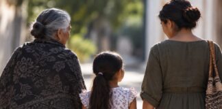 Mutilación genital femenina: una violación de derechos humanos convertida en tradición Tres generaciones de mujeres caminan juntas; una niña tomada de la mano de una mujer adulta, acompañada por una mujer mayor.