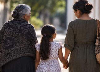 Mutilación genital femenina: una violación de derechos humanos convertida en tradición Tres generaciones de mujeres caminan juntas; una niña tomada de la mano de una mujer adulta, acompañada por una mujer mayor.