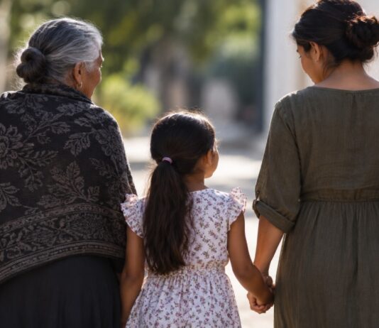Mutilación genital femenina: una violación de derechos humanos convertida en tradición Tres generaciones de mujeres caminan juntas; una niña tomada de la mano de una mujer adulta, acompañada por una mujer mayor.