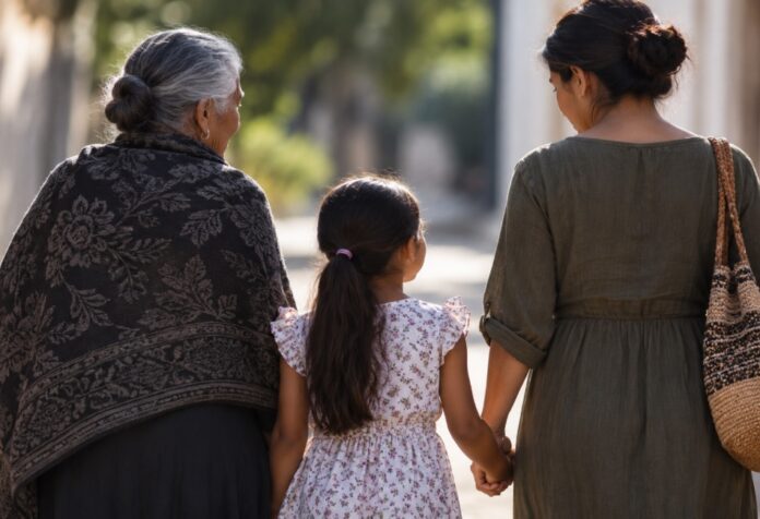 Mutilación Genital Femenina Tres generaciones de mujeres caminan juntas; una niña tomada de la mano de una mujer adulta, acompañada por una mujer mayor.