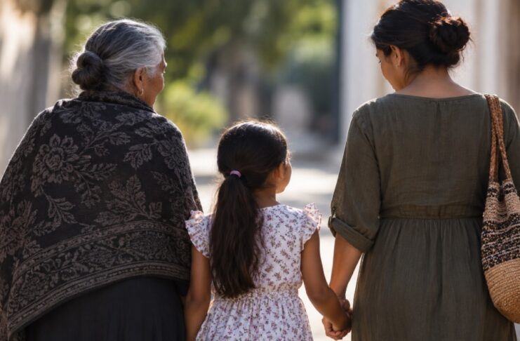 Mutilación genital femenina: una violación de derechos humanos convertida en tradición Tres generaciones de mujeres caminan juntas; una niña tomada de la mano de una mujer adulta, acompañada por una mujer mayor.