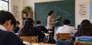 La Nueva Escuela Mexicana no creó el deterioro educacional pero sí tiene la responsabilidad de revertirlo Estudiantes de secundaria en un salón de clases mientras una profesora explica matemáticas frente al pizarrón.