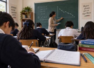 La Nueva Escuela Mexicana no creó el deterioro educacional pero sí tiene la responsabilidad de revertirlo Estudiantes de secundaria en un salón de clases mientras una profesora explica matemáticas frente al pizarrón.