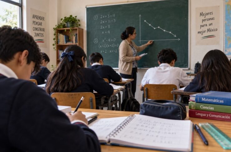 La Nueva Escuela Mexicana no creó el deterioro educacional pero sí tiene la responsabilidad de revertirlo Estudiantes de secundaria en un salón de clases mientras una profesora explica matemáticas frente al pizarrón.