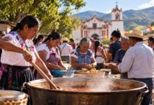Cambiar de religión no solo cambia la fe, a veces cambia la manera de pertenecer a la comunidad Comunidad tradicional de Oaxaca participa en la preparación colectiva de alimentos frente a una iglesia durante una celebración comunitaria.