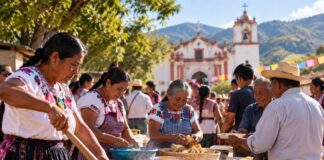 Cambiar de religión no solo cambia la fe, a veces cambia la manera de pertenecer a la comunidad Comunidad tradicional de Oaxaca participa en la preparación colectiva de alimentos frente a una iglesia durante una celebración comunitaria.