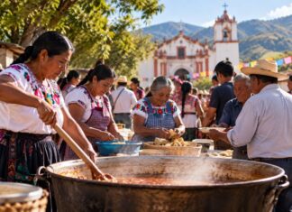 Cambiar de religión no solo cambia la fe, a veces cambia la manera de pertenecer a la comunidad Comunidad tradicional de Oaxaca participa en la preparación colectiva de alimentos frente a una iglesia durante una celebración comunitaria.