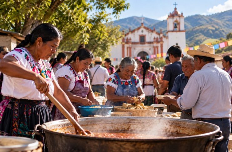 Cambiar de religión no solo cambia la fe, a veces cambia la manera de pertenecer a la comunidad Comunidad tradicional de Oaxaca participa en la preparación colectiva de alimentos frente a una iglesia durante una celebración comunitaria.