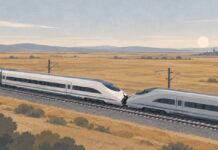 Choque de trenes en Toledo deja al menos 68 muertos y muchas preguntas por resolver Ilustración de dos trenes de alta velocidad en contacto sobre una vía, en un paisaje de tonos ocres y grises, sin personas ni escenas explícitas.