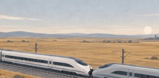 Choque de trenes en Toledo deja al menos 68 muertos y muchas preguntas por resolver Ilustración de dos trenes de alta velocidad en contacto sobre una vía, en un paisaje de tonos ocres y grises, sin personas ni escenas explícitas.