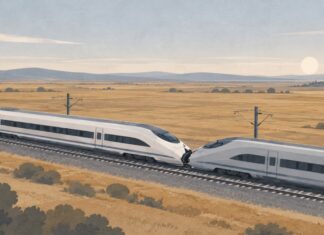 Choque de trenes en Toledo deja al menos 68 muertos y muchas preguntas por resolver Ilustración de dos trenes de alta velocidad en contacto sobre una vía, en un paisaje de tonos ocres y grises, sin personas ni escenas explícitas.