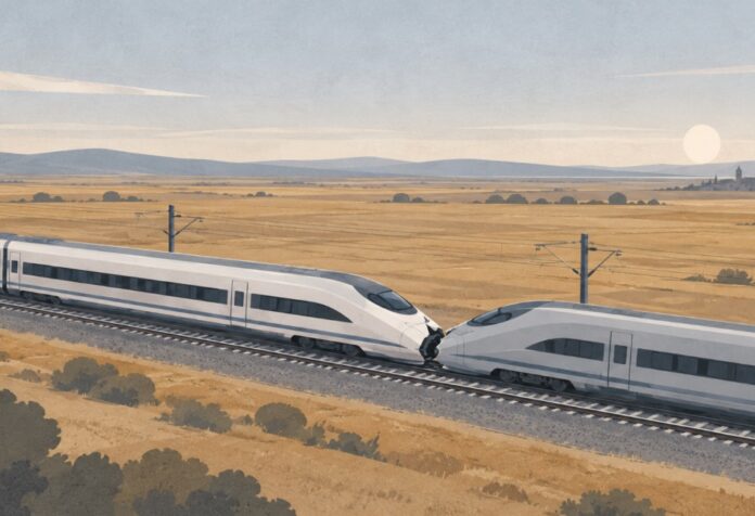 Ilustración de dos trenes de alta velocidad en contacto sobre una vía, en un paisaje de tonos ocres y grises, sin personas ni escenas explícitas.