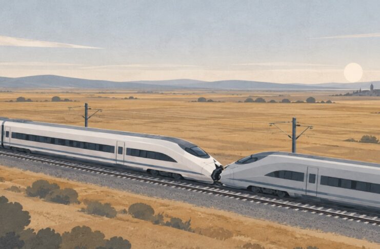 Choque de trenes en Toledo deja al menos 68 muertos y muchas preguntas por resolver Ilustración de dos trenes de alta velocidad en contacto sobre una vía, en un paisaje de tonos ocres y grises, sin personas ni escenas explícitas.