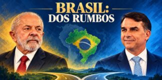 Brasil decidirá por un margen estrecho un rumbo de alcance continental Composición de Lula a la izquierda y Flávio Bolsonaro a la derecha, con el mapa de Brasil y un camino bifurcado al centro.