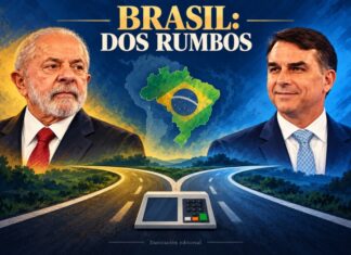 Brasil decidirá por un margen estrecho un rumbo de alcance continental Composición de Lula a la izquierda y Flávio Bolsonaro a la derecha, con el mapa de Brasil y un camino bifurcado al centro.