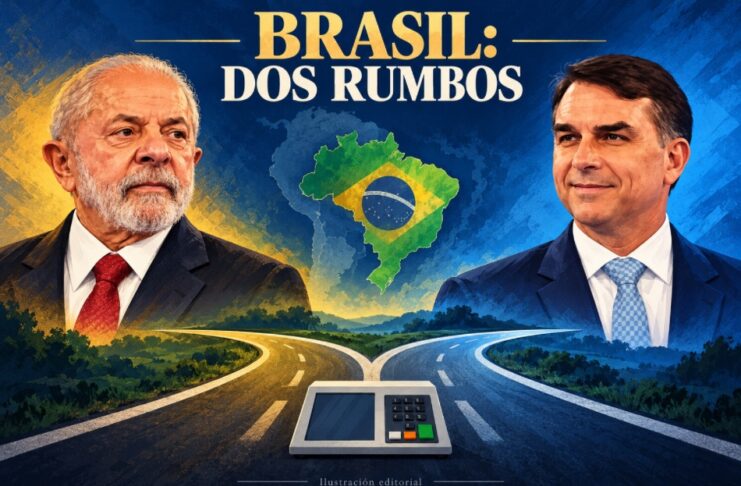 Brasil decidirá por un margen estrecho un rumbo de alcance continental Composición de Lula a la izquierda y Flávio Bolsonaro a la derecha, con el mapa de Brasil y un camino bifurcado al centro.