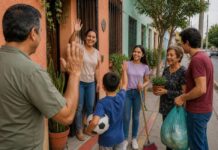 Diez hábitos para convivir mejor con tus vecinos Adultos y un niño se saludan frente a varias casas; una mujer sostiene una escoba, otra una maceta y un hombre una bolsa de basura.