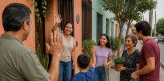 Diez hábitos para convivir mejor con tus vecinos Adultos y un niño se saludan frente a varias casas; una mujer sostiene una escoba, otra una maceta y un hombre una bolsa de basura.