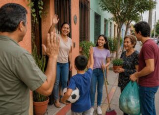 Diez hábitos para convivir mejor con tus vecinos Adultos y un niño se saludan frente a varias casas; una mujer sostiene una escoba, otra una maceta y un hombre una bolsa de basura.