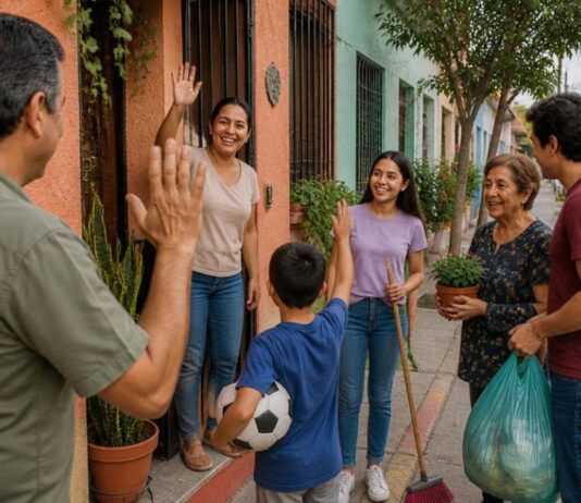 Diez hábitos para convivir mejor con tus vecinos Adultos y un niño se saludan frente a varias casas; una mujer sostiene una escoba, otra una maceta y un hombre una bolsa de basura.