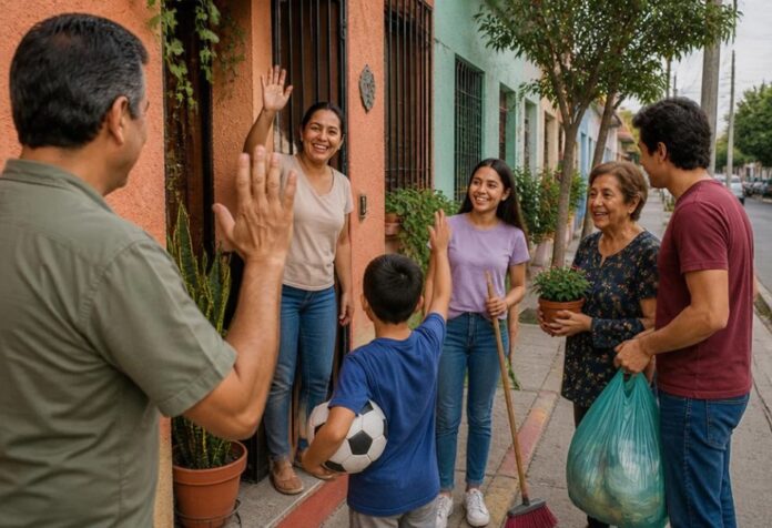 Buenos Vecinos en México Adultos y un niño se saludan frente a varias casas; una mujer sostiene una escoba, otra una maceta y un hombre una bolsa de basura.