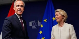 Trump presiona a Canadá y cuestiona su acercamiento a Europa Mark Carney, a la izquierda, y Ursula von der Leyen, a la derecha, frente a las banderas de Canadá y de la Unión Europea.