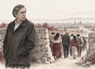 Cuauhtémoc Cárdenas y la 4T: la difícil aceptación del relevo Ilustración a lápiz de Cuauhtémoc Cárdenas junto a una abertura en un muro, mientras López Obrador y un grupo de personas continúan por el camino.